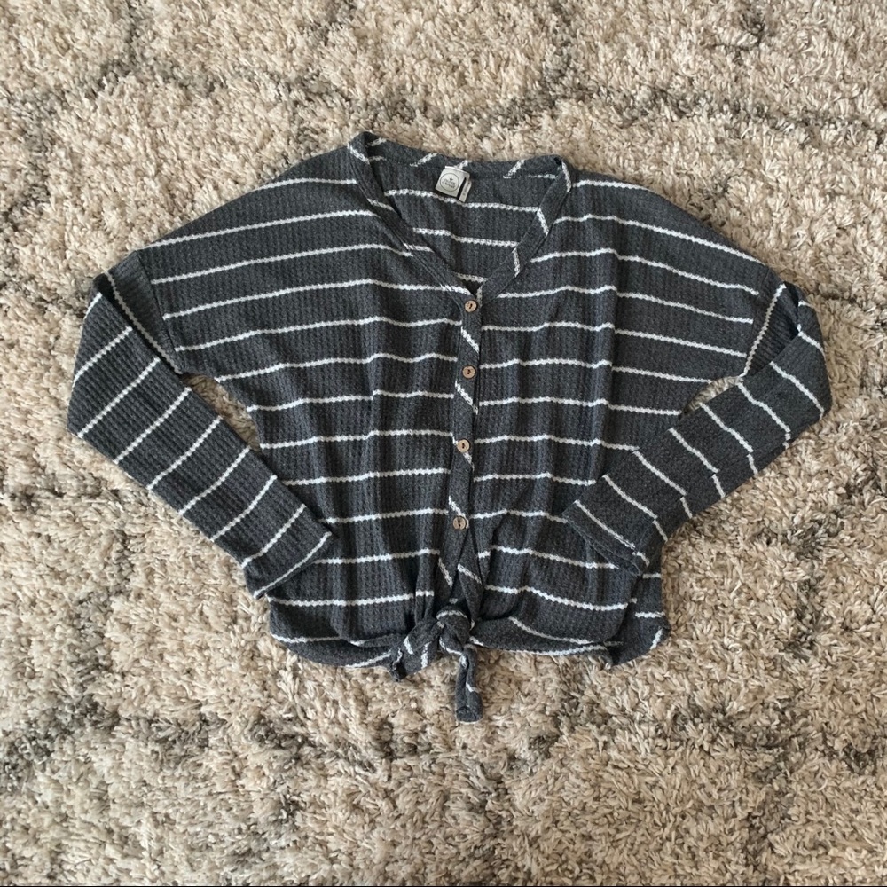 Grey & White Striped Tie Front Top